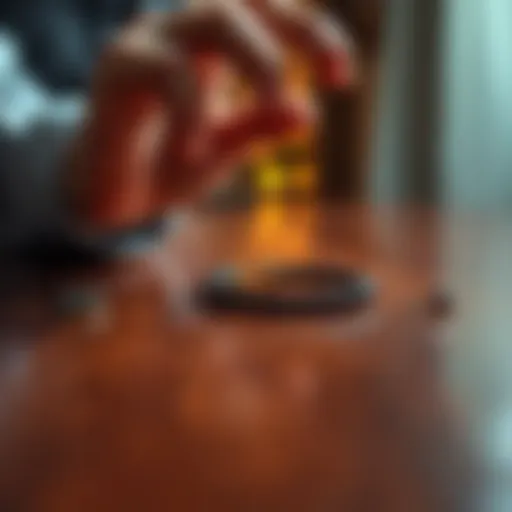 A crafted bracelet lying on a table with a thoughtful man's hand hovering above it, symbolizing the search for a lost gift.