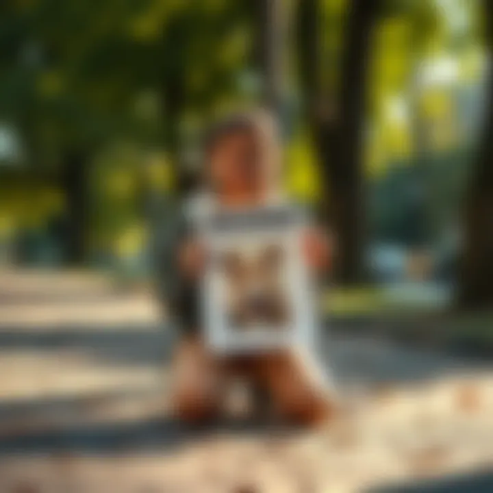 A young person kneeling on the ground, holding a missing dog poster with a picture of Abbi, surrounded by trees and a park setting.