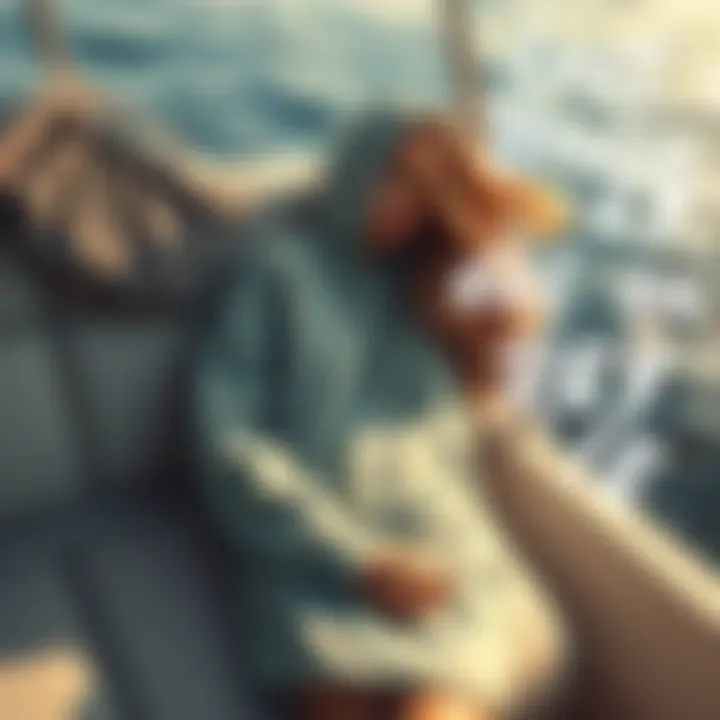 A Lana Del Rey hoodie resting on a boat's seat, sunlight reflecting off the water in the background, showcasing an unexpected reunion after being lost for two weeks.