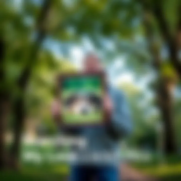 Lost Pet Plea A heartbroken pet owner holds a picture of their missing dog, looking hopeful while standing in a park surrounded by trees.