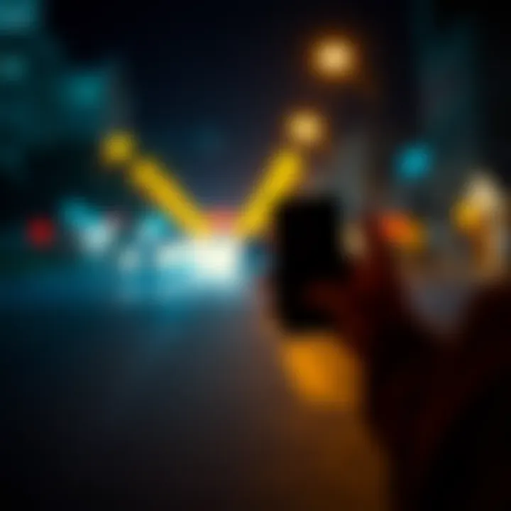 A person holding a phone with a stunning background image, illuminated by streetlights at night in Raleigh, showcasing a moment of joy and surprise during a late-night search.