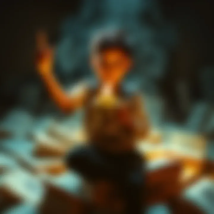 A boy holding a magic lamp with glowing light emerging from it, surrounded by scattered sheets of a screenplay.