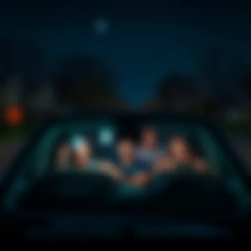 A group of friends in a car looking confused while surrounded by dark suburban streets and houses at night.
