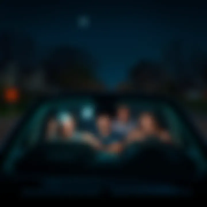 A group of friends in a car looking confused while surrounded by dark suburban streets and houses at night.