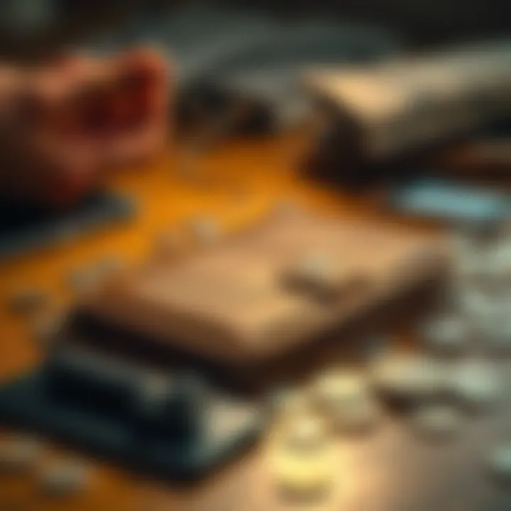 A brown wallet lying on a table surrounded by scattered coins and a phone, showing a scene of someone searching for lost items.