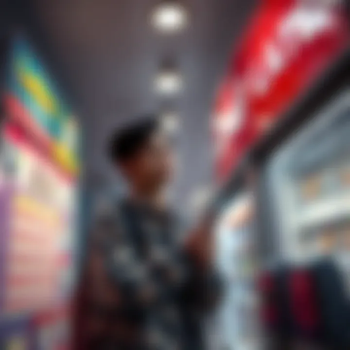 A person stands at a lottery stand, holding a lottery ticket with a thoughtful expression, surrounded by colorful lottery posters.