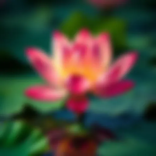 A vibrant lotus flower blooming on calm water with green leaves surrounding it.