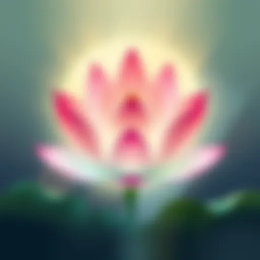 A serene illustration of a lotus flower, surrounded by soft light and calming colors, symbolizing the teachings of the Lotus Sutra and its 34 negations.