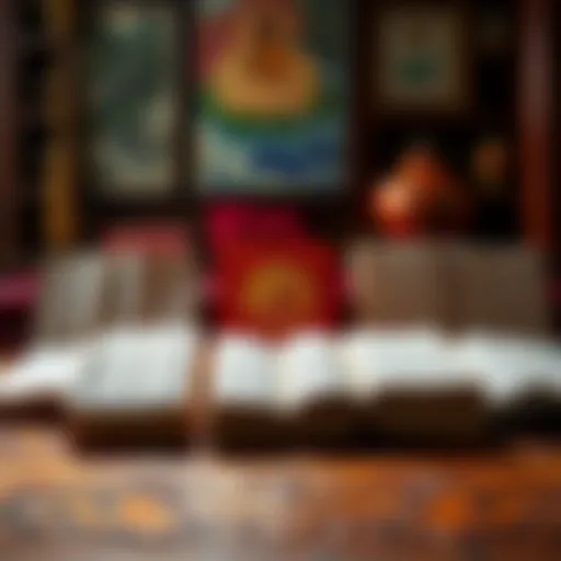 Different English translations of the Lotus Sutra displayed on a table