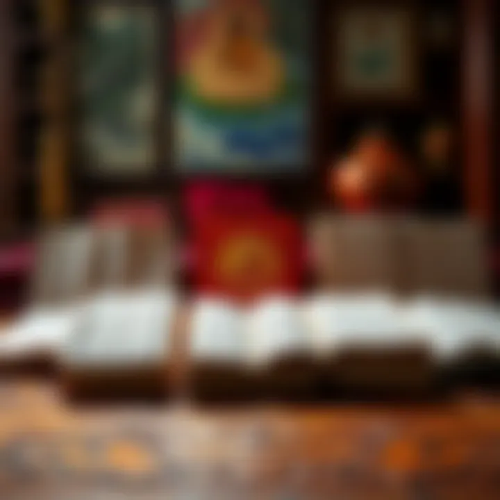 Different English translations of the Lotus Sutra displayed on a table