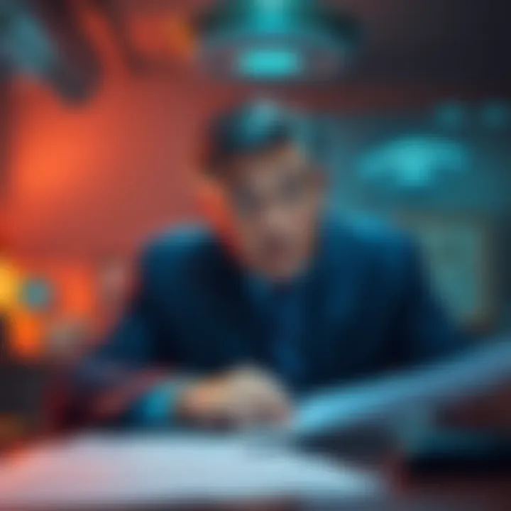 Lou Elizondo looking concerned while sitting at a desk with documents related to UFOs