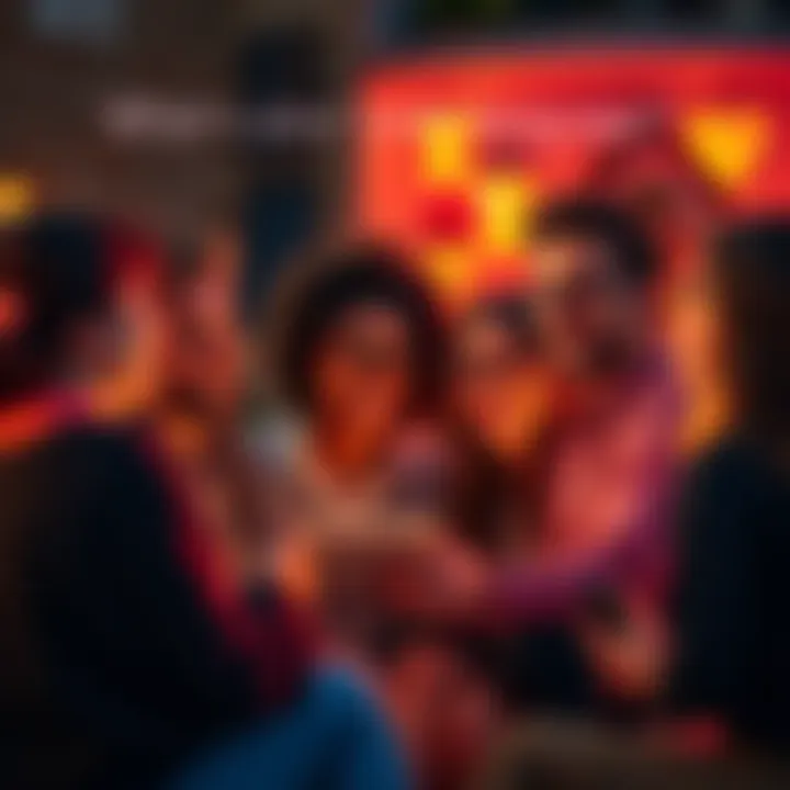 A group of people animatedly sharing their thoughts on how they express love, with options like words, gifts, and touch