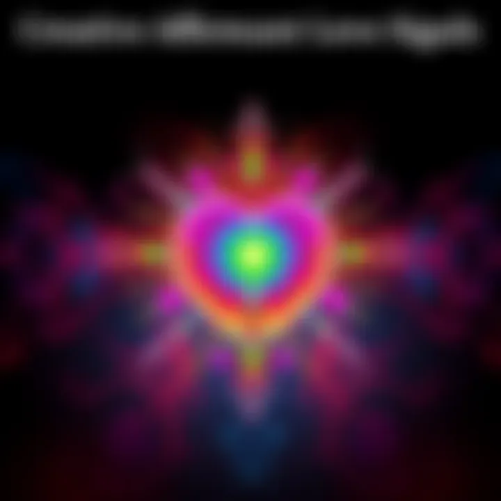 A colorful love sigil surrounded by creative affirmations and positive phrases for attracting love.
