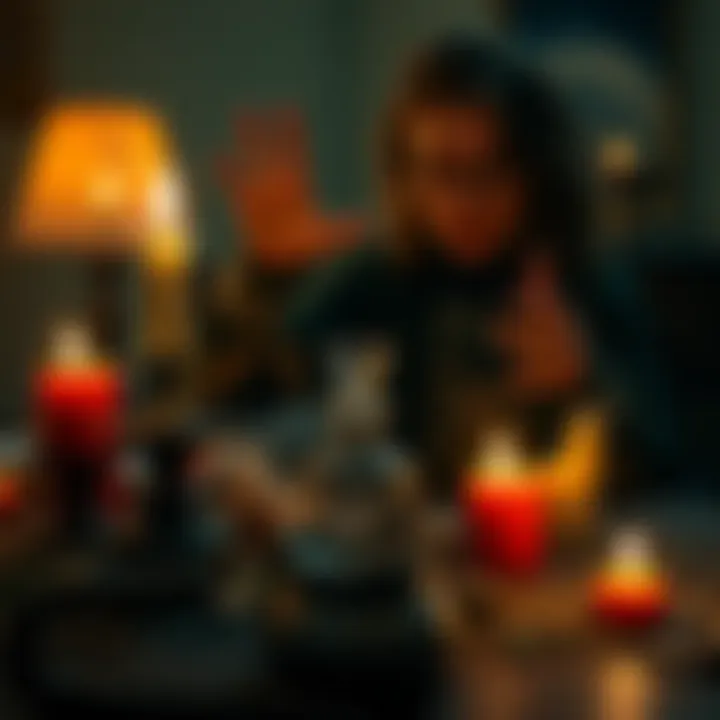 A person casting a love spell with candles and herbs on a table