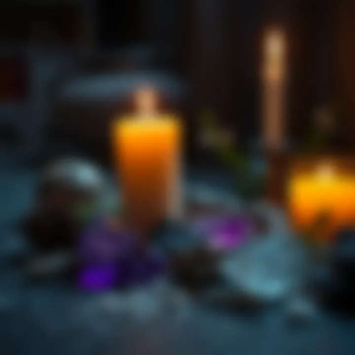 A candlelit scene featuring herbs and crystals used for love and attraction spells, symbolizing ethical magic practices