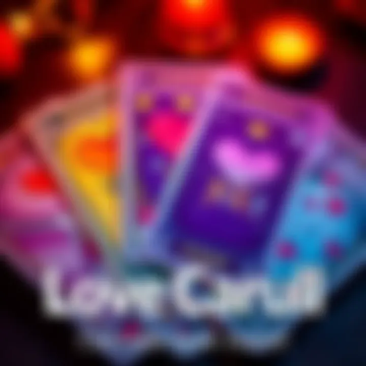 A colorful tarot card spread with hearts and a yes or no question indicated, representing love insights.