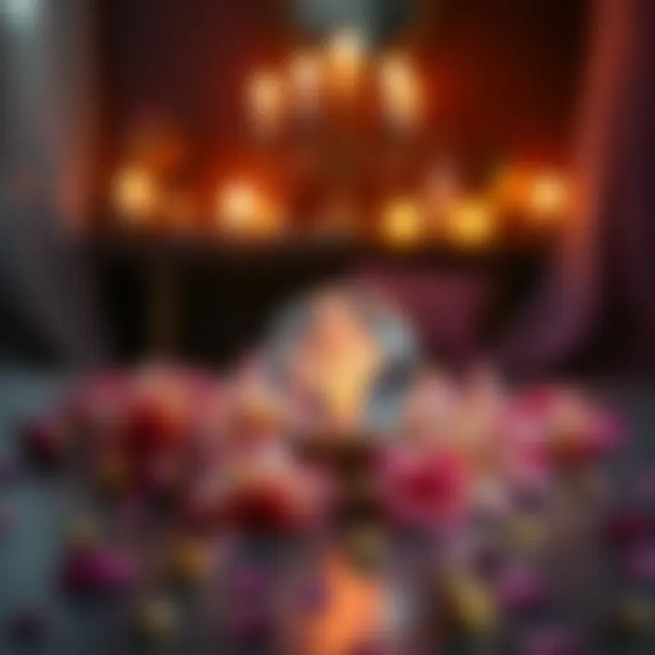 A soothing scene showing a crystal ball surrounded by flowers and candles, representing love readings