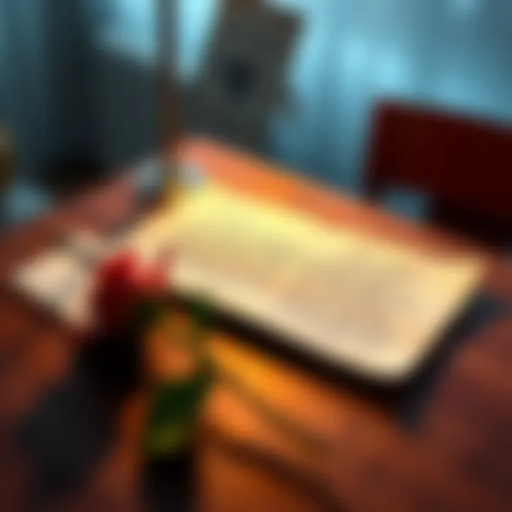 A handwritten love letter with a rose placed beside it on a wooden table