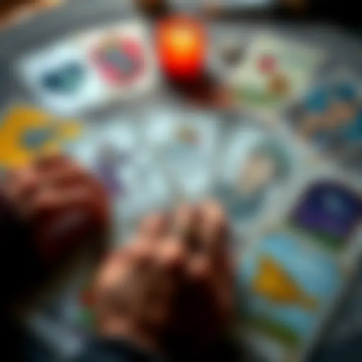 A tarot card spread showing cards related to love and relationships, symbolizing attraction and emotional struggles.