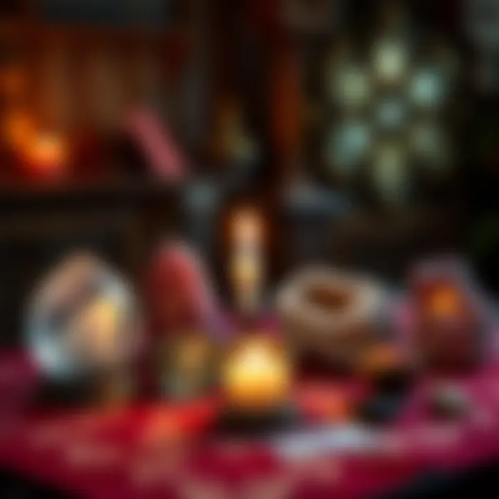 A table with crystals, a lit candle, and materials for a love spell
