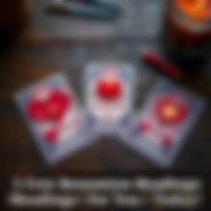 Three Lenormand cards laid out with romantic symbols, representing love insights and reconnection, on a wooden table.