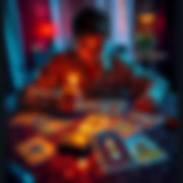 A person looking at tarot cards spread on a table, reflecting on past relationships and emotional insights.