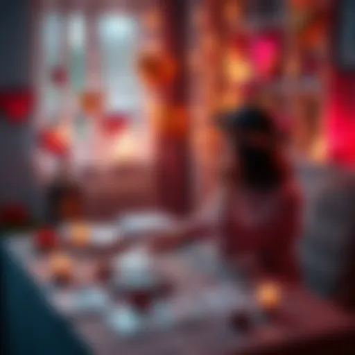 A person sitting at a table with tarot cards and candles, engaged in a love reading, surrounded by soft lighting and heart-themed decorations.