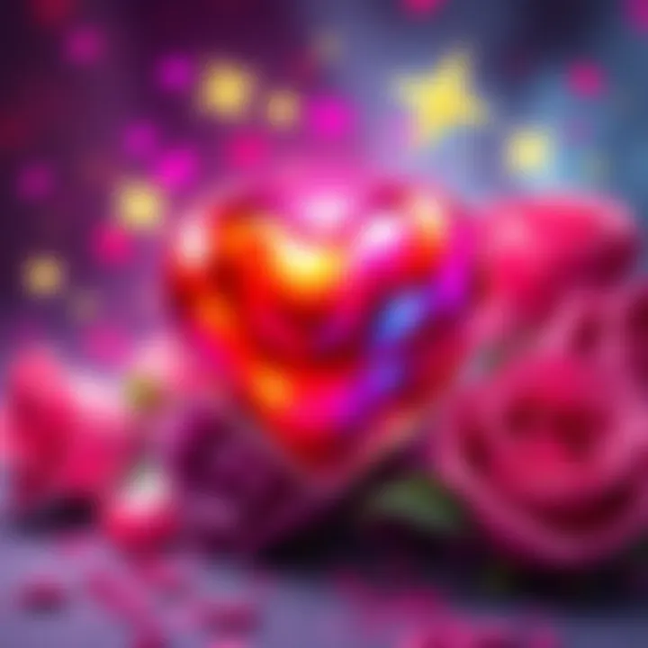 A colorful heart surrounded by romantic symbols like roses and stars, symbolizing love and insights