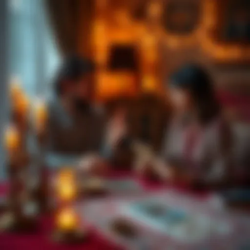 Love Readings Session A cozy setting with a table, candles, and tarot cards, where a person is giving a love reading to another individual.
