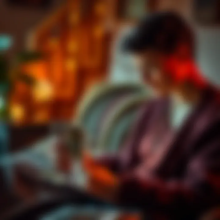 A person looking at tarot cards with heart symbols, focusing on love advice, in a cozy, inviting setting.