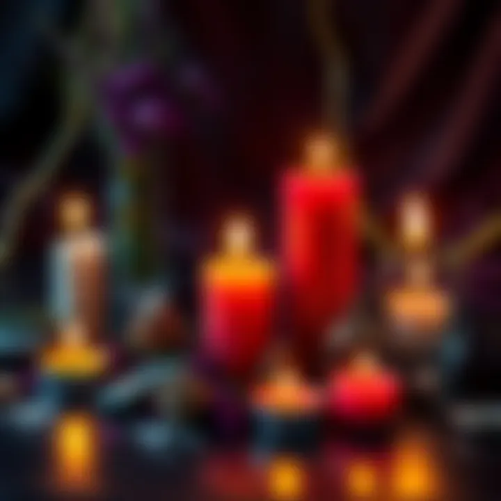 A set of colorful candles with herbs and crystals placed around them, symbolizing love spells and intentions.
