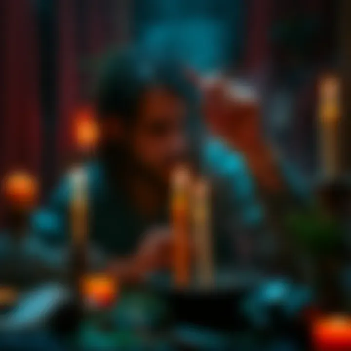 Person casting love spell Individual performing a love spell with candles and herbs