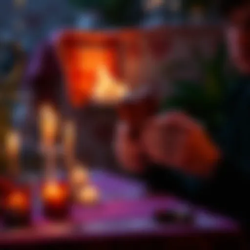A person sitting at a table with candles and herbs, focused on casting a love spell, creating a warm and mystical atmosphere.