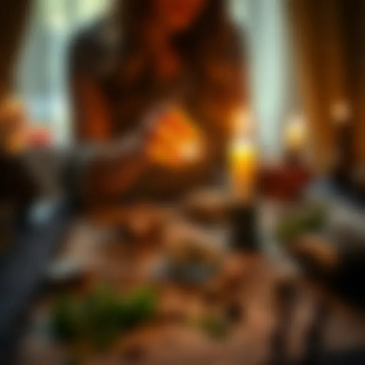 A person lighting a candle with herbs and crystals spread out on a table, symbolizing the casting of a love spell.