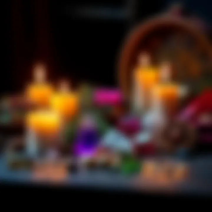 A collection of candles, herbs, and crystals used in a love spell setup, symbolizing the magic of attraction and feelings.