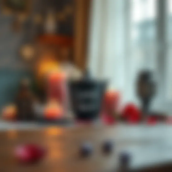 A collection of candles, herbs, and a love symbol arranged on a table, representing a safe love spell to rekindle affection.