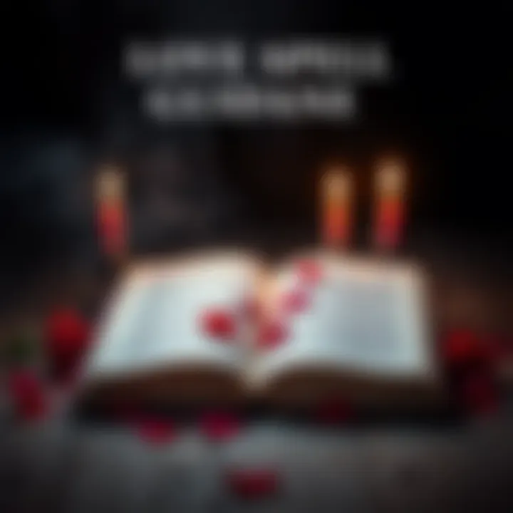 An open book with candles and rose petals, symbolizing love spells and attraction tips