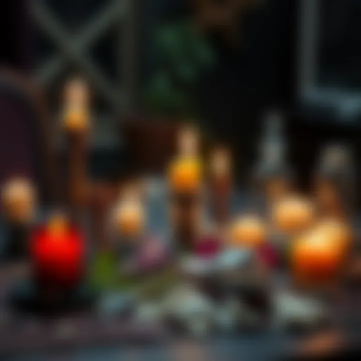 A collection of candles, herbs, and crystals arranged on a table for a love spell ritual.