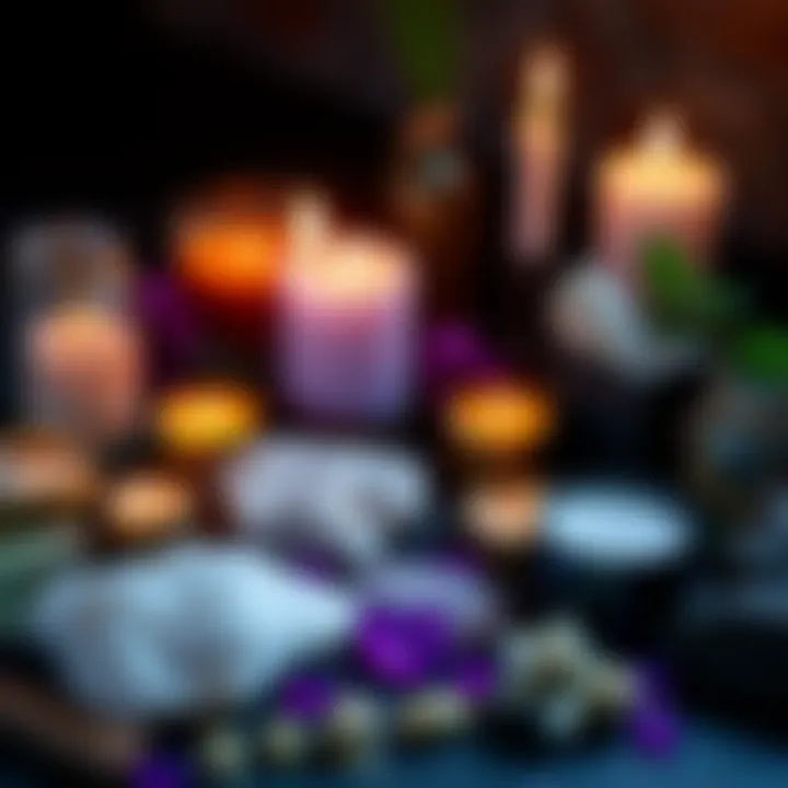 A collection of candles, herbs, and crystals arranged for a love spell ritual