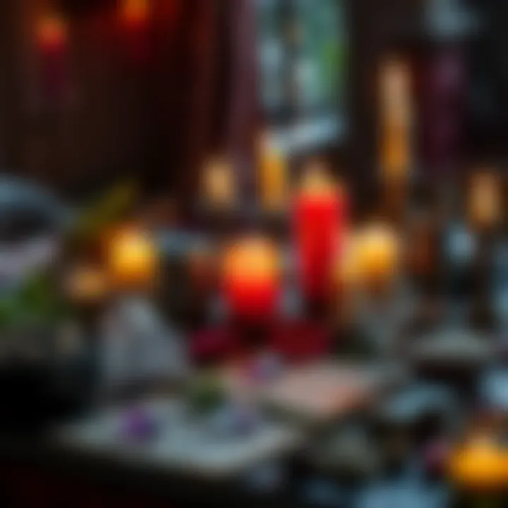 A table with candles, herbs, and crystals for love spells
