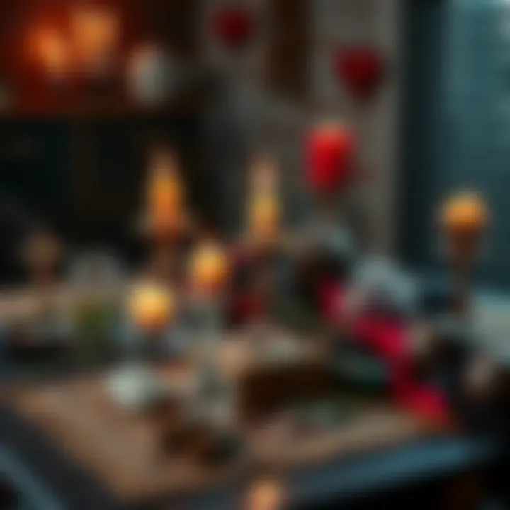 Love Spell Ingredients A table with various items for performing obsession spells, including candles, herbs, and crystals, arranged neatly.