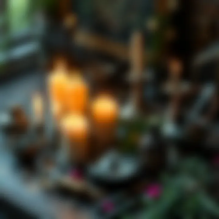 A table with candles, herbs, and crystals used for casting love spells