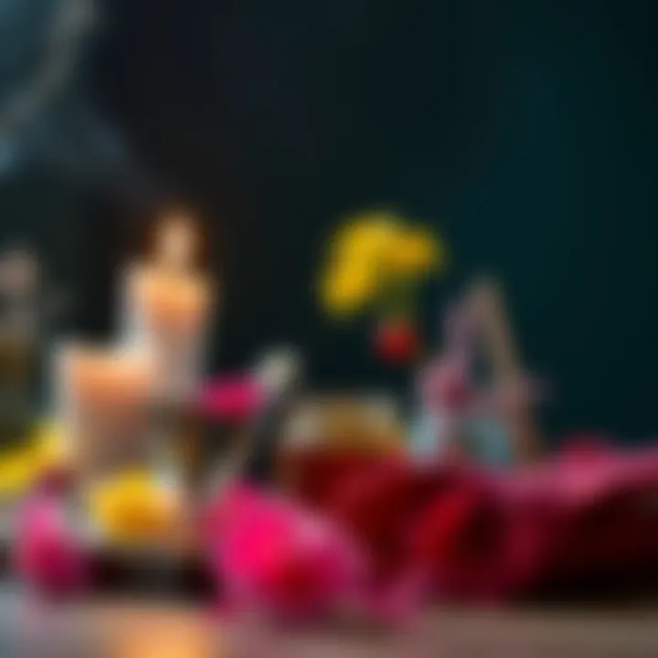 Love Spell Ingredients A collection of items like candles, a honey jar, and flowers set up for a love spell ritual