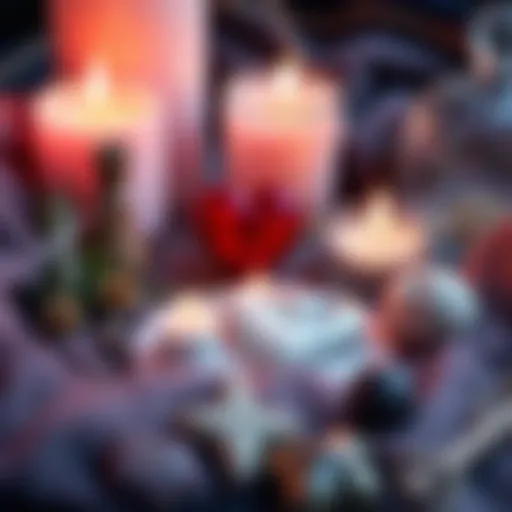 A collection of simple ingredients for romance spells, including candles, herbs, and a heart symbol, representing attraction in love.
