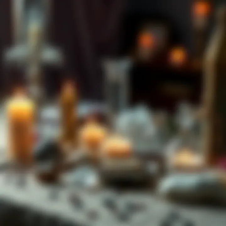 A table with candles, crystals, and herbs used for creating a love spell