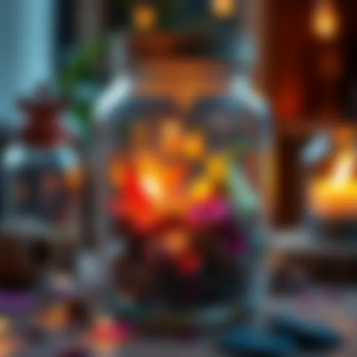 A vibrant love spell jar filled with herbs and small personal items to enhance love connections