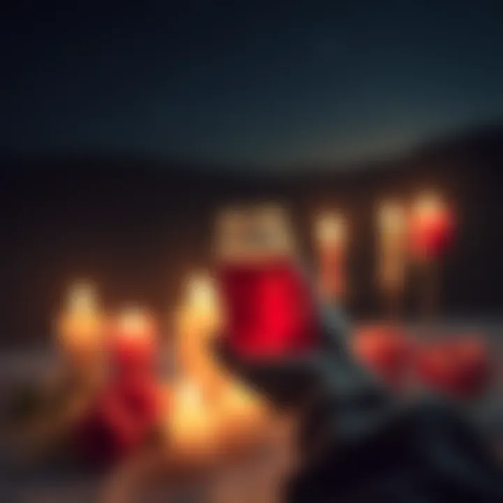 Love Spell with Night Sky A close-up of a person holding a small jar filled with red liquid, surrounded by candles and flowers under a dark night sky.