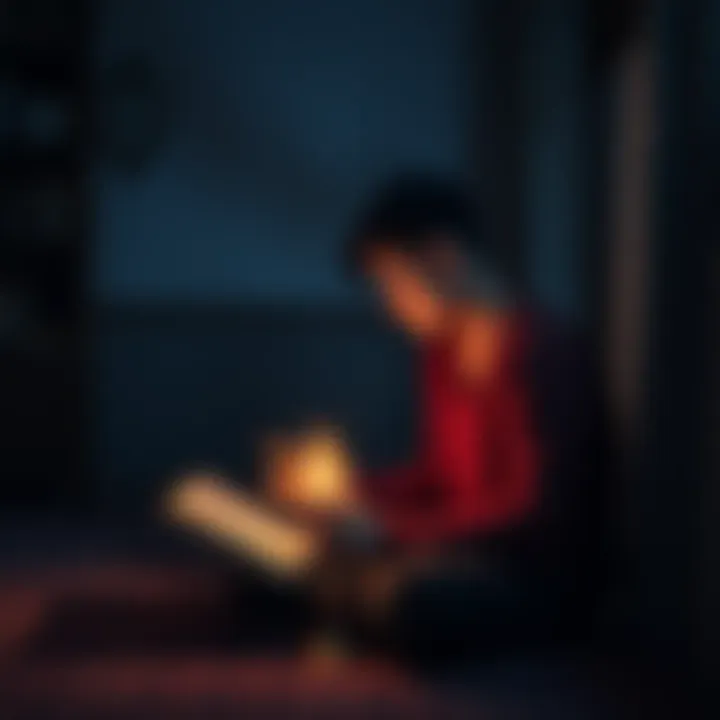 A person sits alone in a dim room, looking at a candle and a spell book, showing signs of regret and longing.