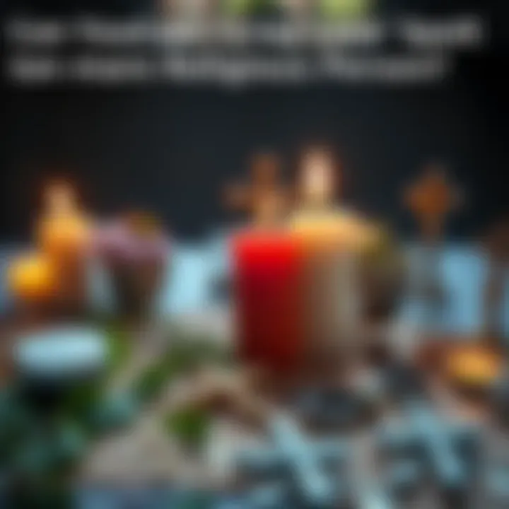 A candle, herbs, and religious symbols on a table, representing the conflict between love spells and strong faith.