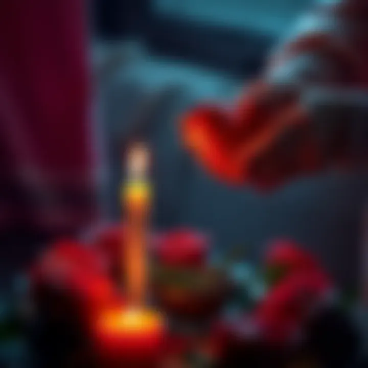 A person lighting a candle while holding a heart-shaped object, surrounded by roses and a small bowl with herbs, symbolizing a love spell ritual.
